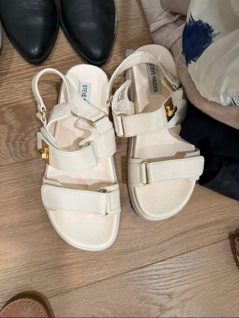 Steve Madden Cream Leather Double-Strap Sandals with Gold Buckles